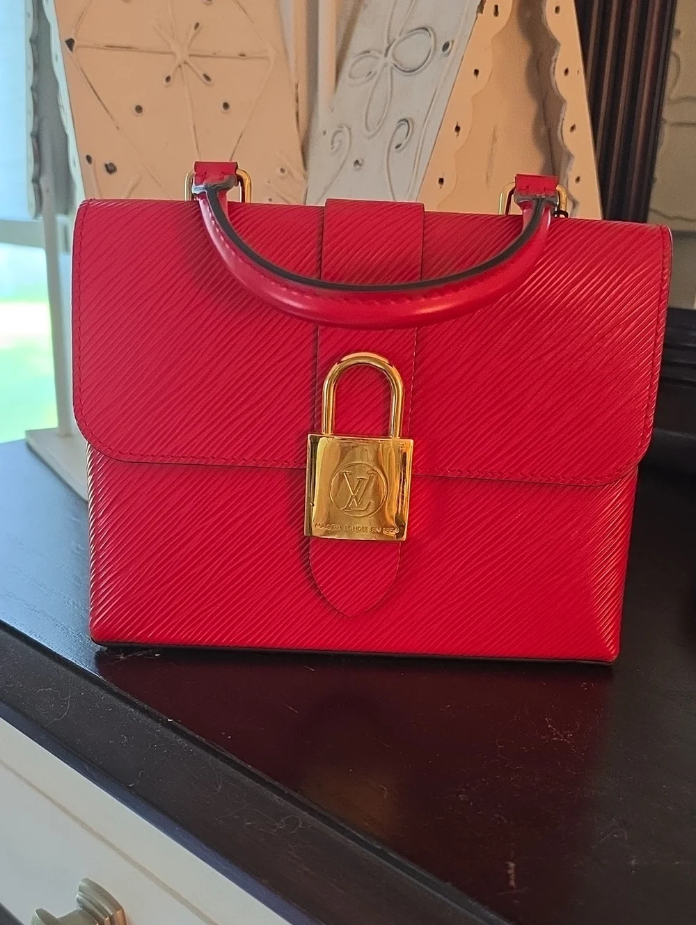 Louis Vuitton Red Epi Leather Top Handle Satchel with Gold Padlock Accent